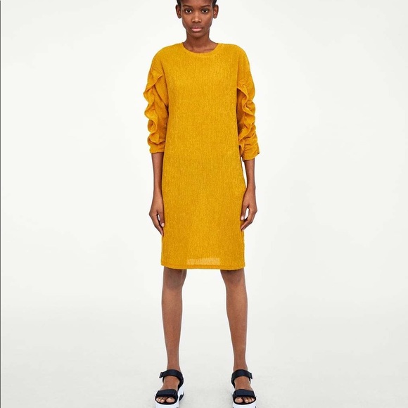 Zara Dresses & Skirts - Zara Trafaluc Mustard Ruffle Sleeve Mini Dress